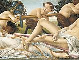 London National Gallery Top 20 04 Sandro Botticelli - Venus and Mars Sandro Botticelli - Venus and Mars, about 1485, 69  173 cm. Mars, the god of war, has been conquered by Venus, the goddess of love. Here Mars is asleep and unarmed, while Venus is awake and alert. The meaning of the picture is that love conquers war, or love conquers all. Reclining on the ground, the handsome youth has fallen asleep. Naked and robbed of all his weapons, which are now in the hands of the fauns in the middle ground, he embodies a beautiful ideal from whose mind all thoughts of war are banished. Venus, on the other hand, richly dressed like a young woman from a distinguished family and thereby removed from the context of eroticism, remains alert and in the way symbolizes the permanence of peace. Equally balanced, Venus and Mars are virtually mirror images of each other. They establish the shape of an inverted triangle which is concluded at the top by the three fauns with the lance.